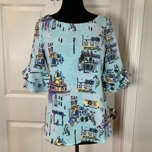 Pappagallo Blue City Print Bell Ruffle Short Sleeves Top Size Medium